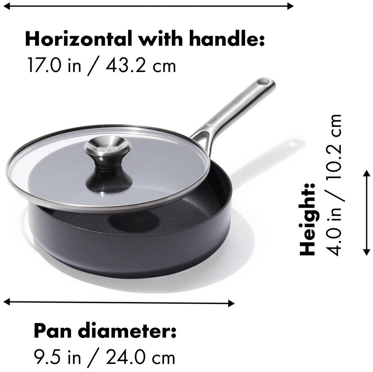 Schwarze OXO Ceramic Professional Bratpfanne aus hart-anodisiertem Aluminium mit Glasdeckel, keramischer Antihaftbeschichtung und Induktionsboden.