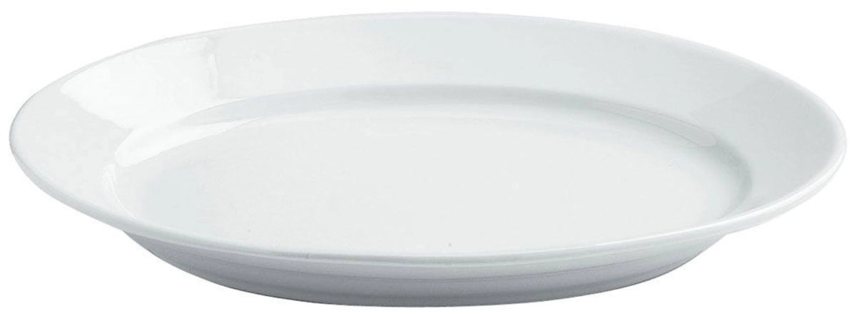 Weisse ovale Servierplatte Albergo von Tognana, Masse 38 x 25.2 cm, flache Form, fotografiert vor neutralem Hintergrund.