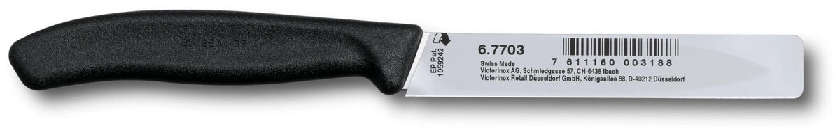 Victorinox Swiss Classic Gemüsemesser mit gerader schwarzer Klinge, geradem Schliff, Mittelspitz und ergonomischem schwarzem Griff.