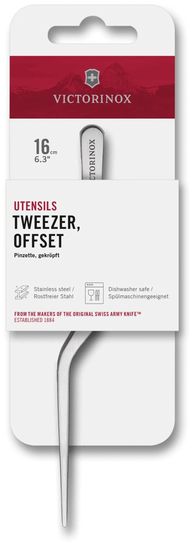 Silberne abgewinkelte Pinzette 16cm aus Edelstahl mit rutschfestem Griff, Küchenwerkzeug von Victorinox für präzise Handgriffe.