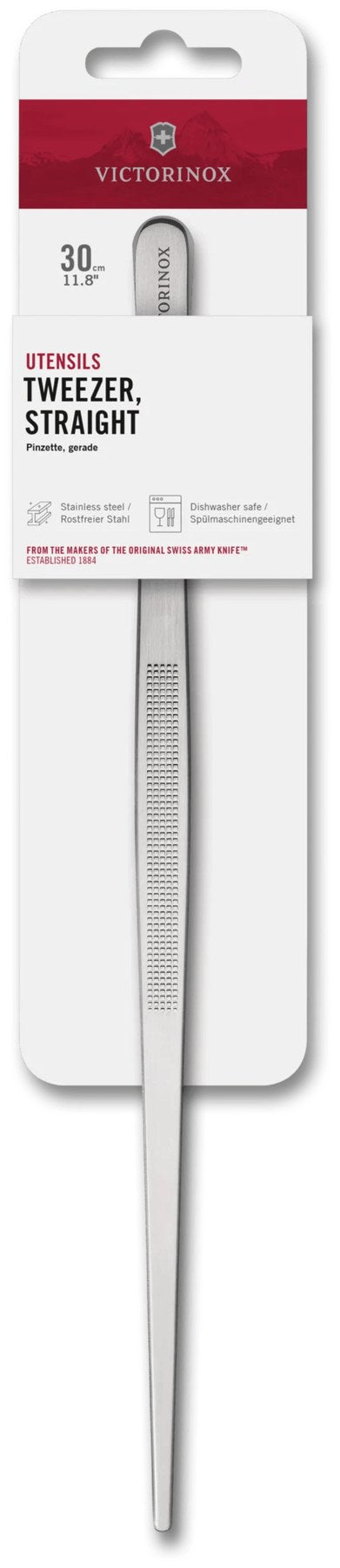 Silberne Edelstahl-Pinzette 30cm von Victorinox mit geradem Design und rutschfestem Griff, freigestellt fotografiert.