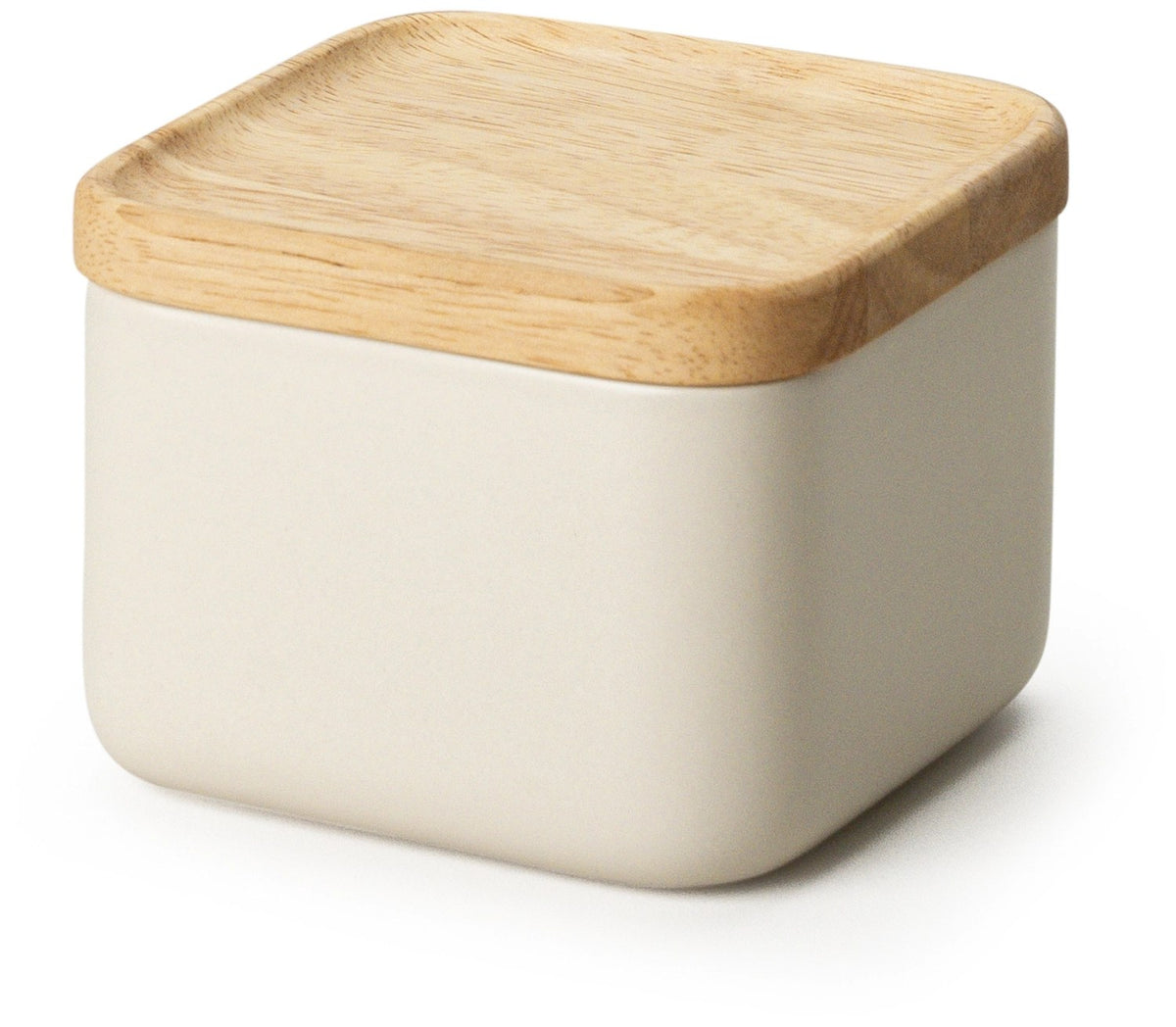 Beige Keramik Vorratsdose mit hellem Holzdeckel und Silikonring, quadratische Form mit abgerundeten Ecken, Grösse 10.5x10.5x8cm.