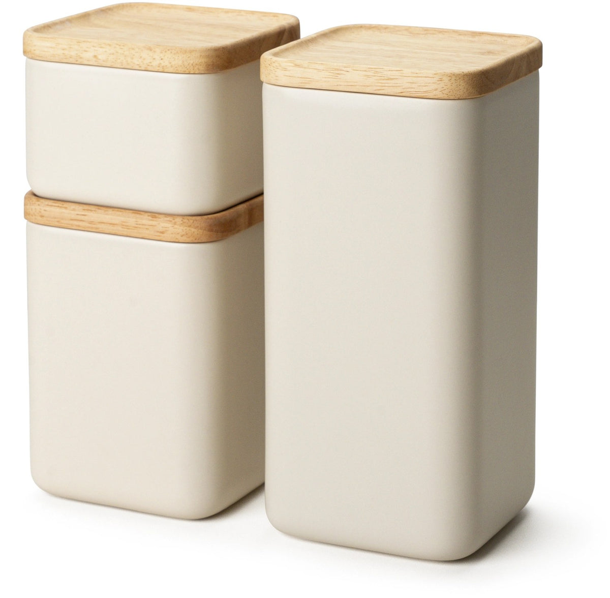 Beige Keramik Vorratsdose mit hellem Holzdeckel und Silikonring, quadratische Form mit abgerundeten Ecken, Grösse 10.5x10.5x8cm.