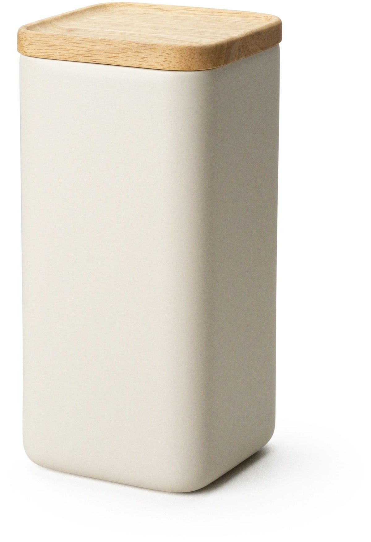 Beige Keramik Vorratsdose mit hellem Holzdeckel und Silikonring, quaderförmig mit abgerundeten Ecken, mattes Oberflächenfinish.