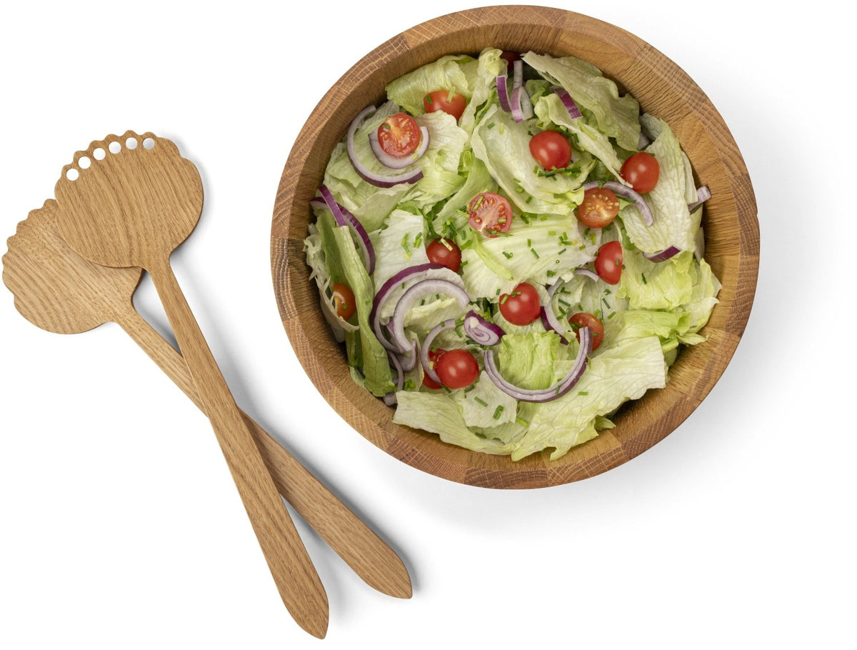 Salatbesteck aus Eichenholz mit langer Laffe und langen Griffen, Länge 32.5cm, natürliche Maserung, geöltes Finish, Farbe Braun.
