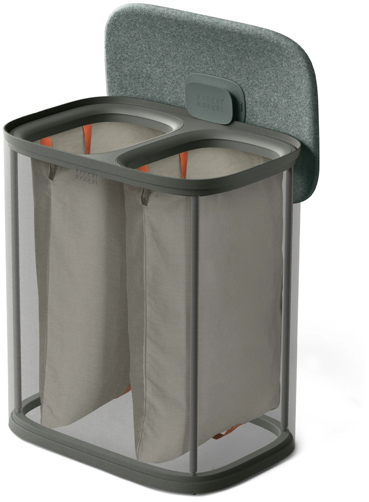 Grauer Wäschetrennkorb Tota Twin von Joseph Joseph mit zwei herausnehmbaren Stofftaschen à 45 Liter und Deckel mit Filzoberfläche.