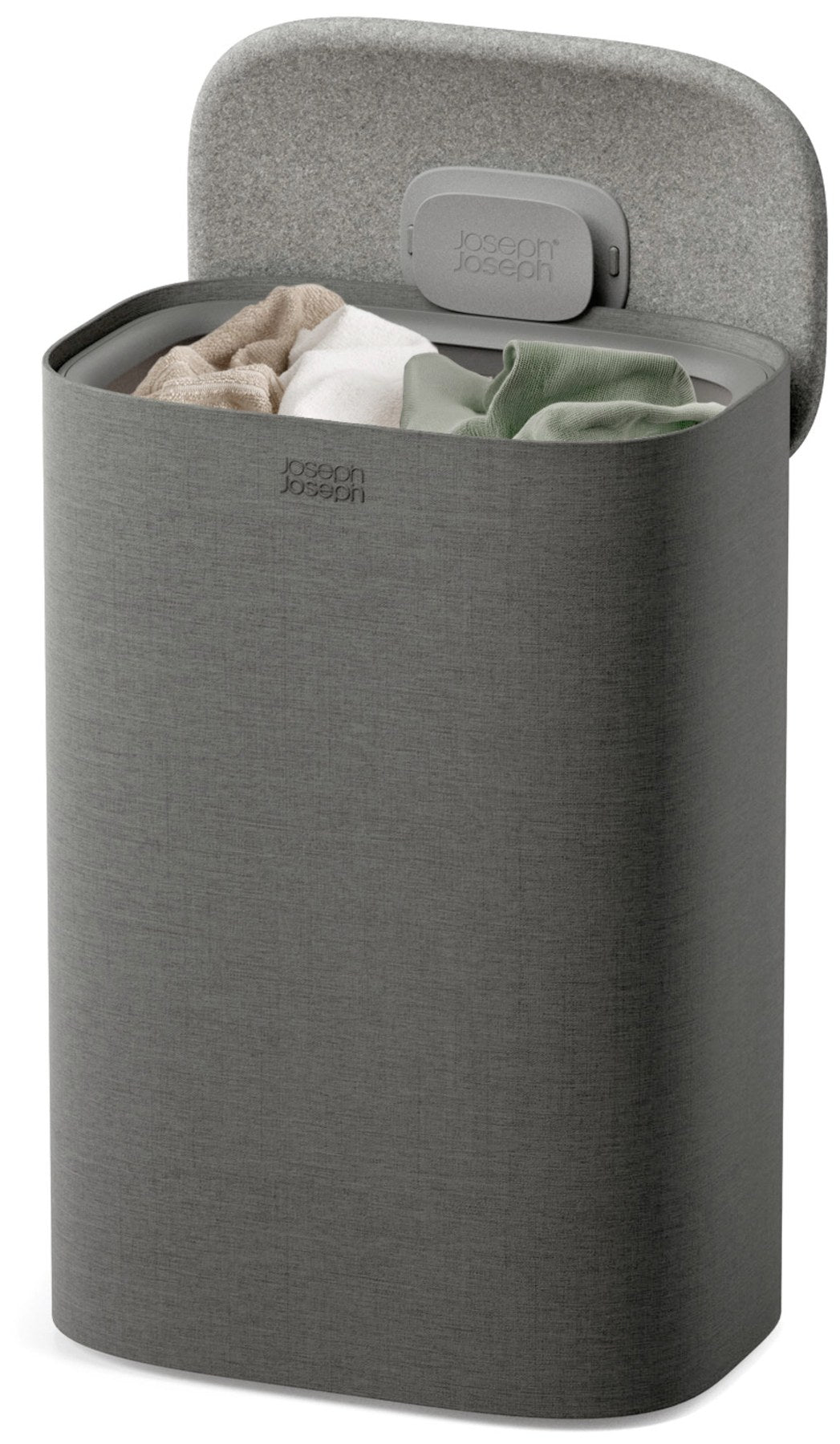 Grauer Wäschetrennkorb Tota One 60l von Joseph Joseph mit seitlichem Filzdeckel und herausnehmbarer Tragetasche für die Wäsche.