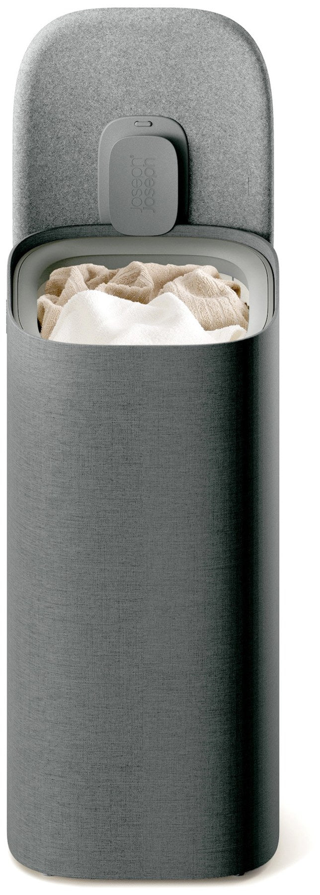 Grauer Wäschetrennkorb Tota One 60l von Joseph Joseph mit seitlichem Filzdeckel und herausnehmbarer Tragetasche für die Wäsche.