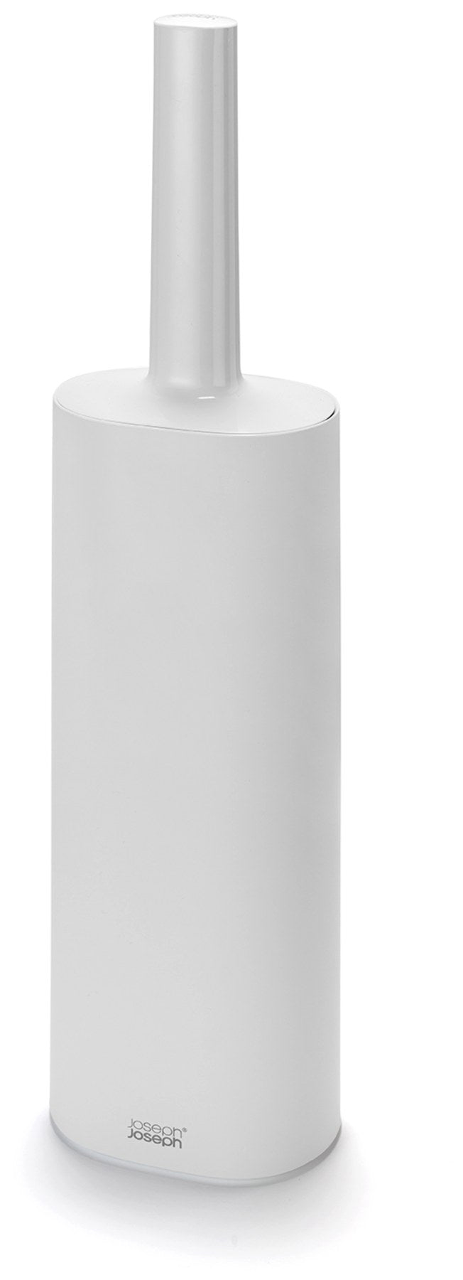 Weisse WC-Bürste Flex TriBlade von Joseph Joseph mit passendem geschlossenem Halter, schlanke Form, glänzende Oberfläche, freistehend im Badezimmer.