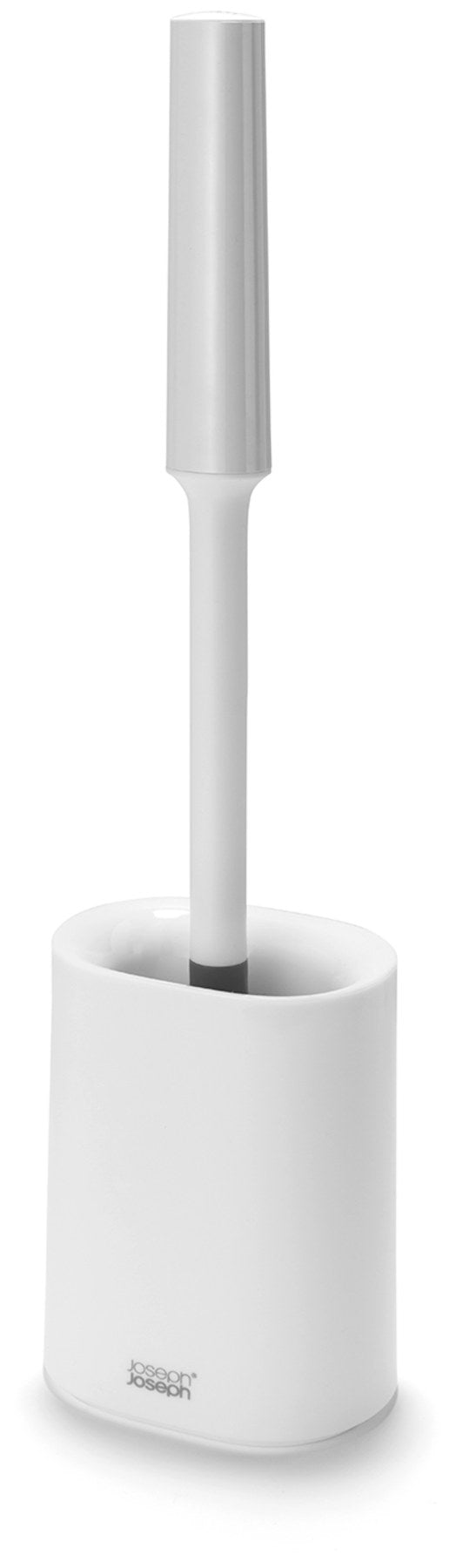 Weisse WC Bürste mit dreifach beklingten Borsten und passendem kompaktem Halter, glänzende Oberfläche, schlanke zylindrische Form.