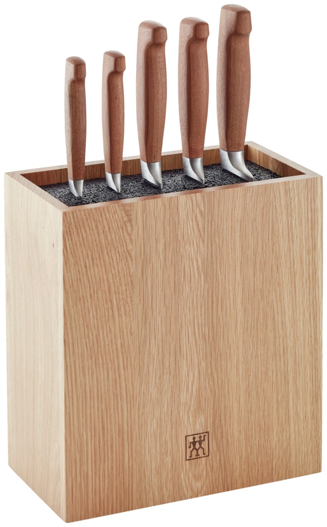 Messerblock aus Eiche mit sechs Zwilling Küchenmessern, Griffen aus Kotibé-Holz und flexiblem Kunststoff-Borsteneinsatz, Farbe braun.