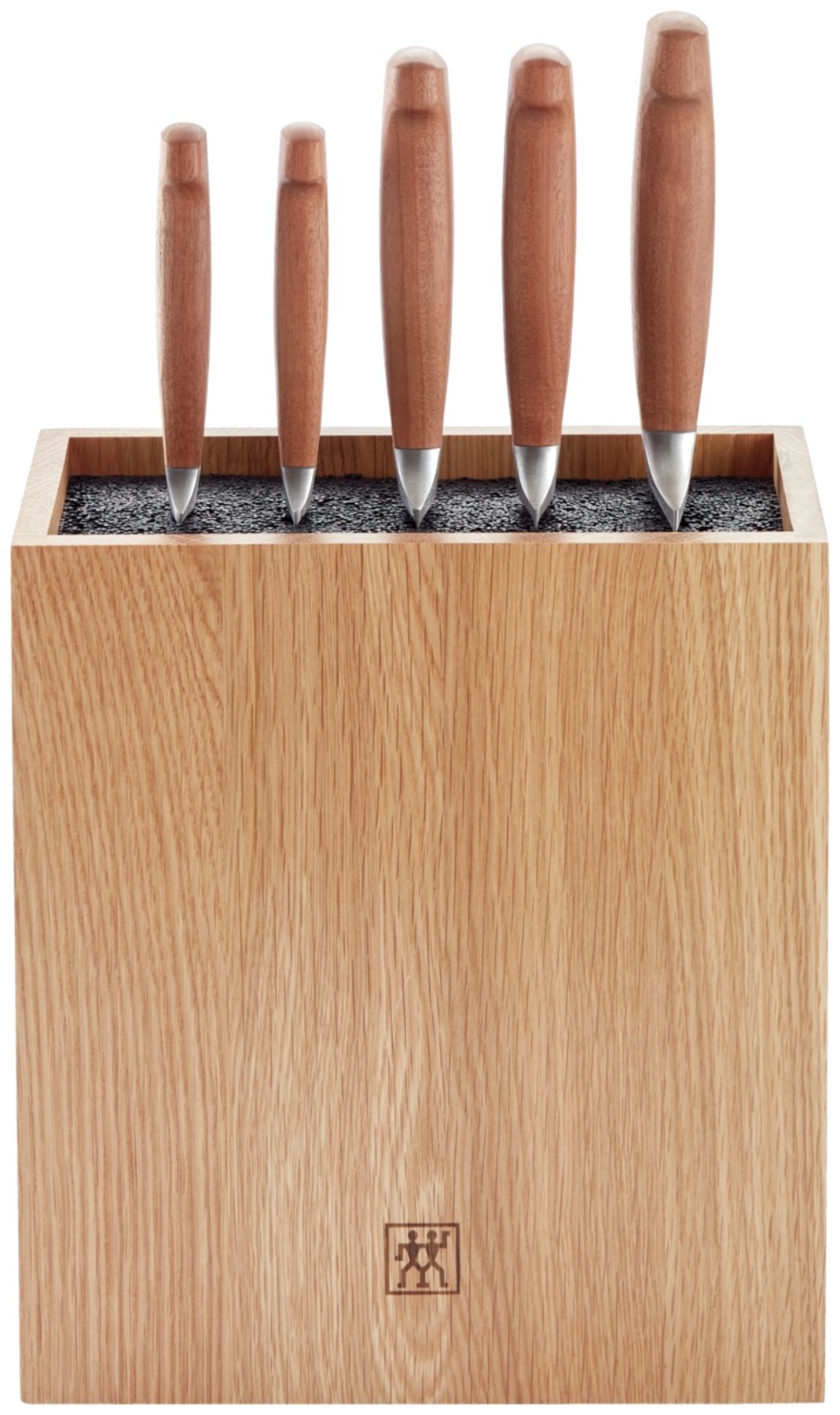 Messerblock aus Eiche mit sechs Zwilling Küchenmessern, Griffen aus Kotibé-Holz und flexiblem Kunststoff-Borsteneinsatz, Farbe braun.