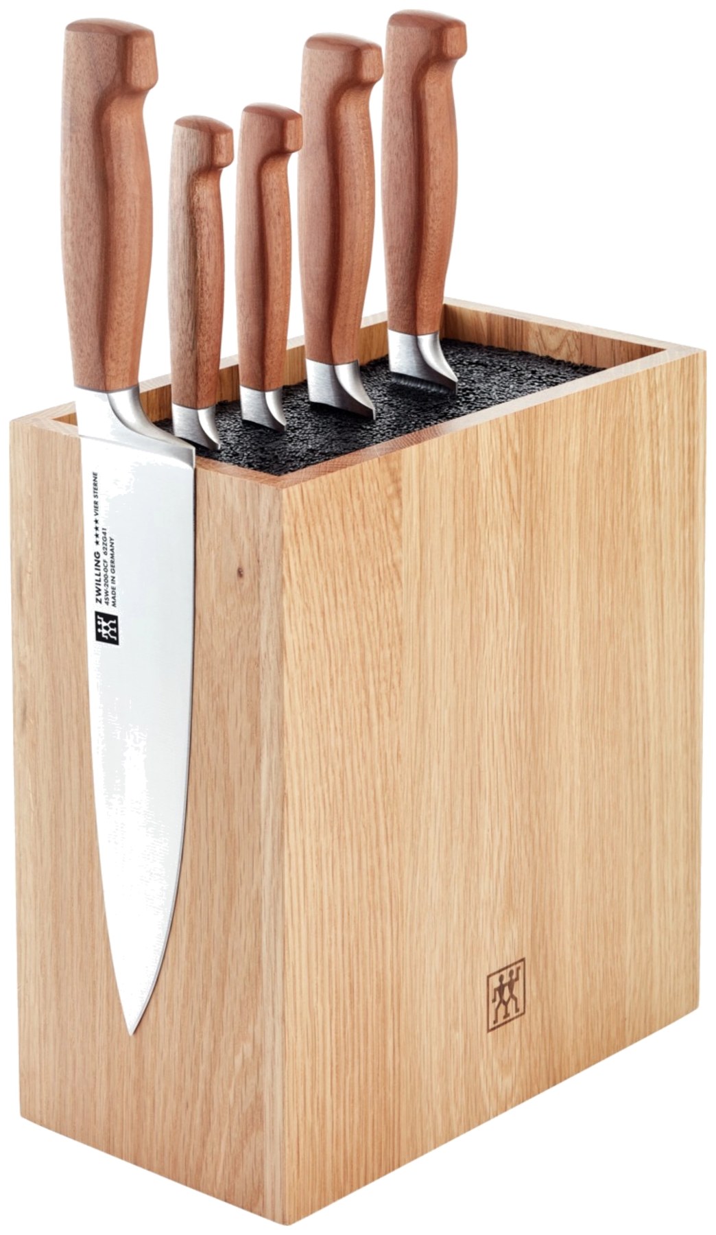 Messerblock aus Eiche mit sechs Zwilling Küchenmessern, Griffen aus Kotibé-Holz und flexiblem Kunststoff-Borsteneinsatz, Farbe braun.