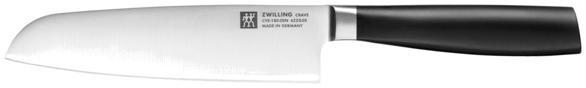 Foto des Zwilling Crave Santoku 18cm Küchenmessers mit mehrfarbigem Design, eisgehärteter Klinge und ergonomisch geformtem Griff, freigestellt auf hellem Hintergrund.