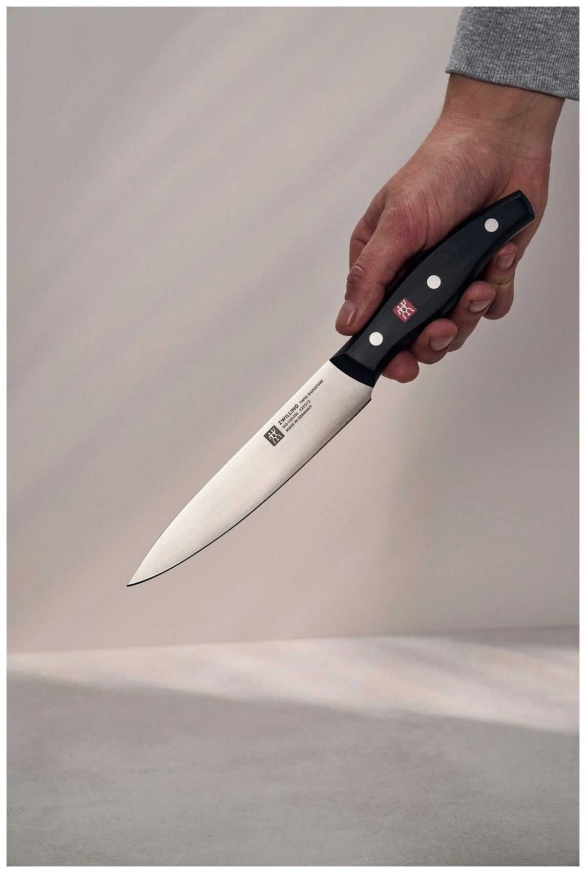 Zwilling Signature Tranchiermesser 16cm aus Edelstahl mit FRIODUR Klinge und Griff im Drei-Nieten-Design, mehrfarbig dargestellt.
