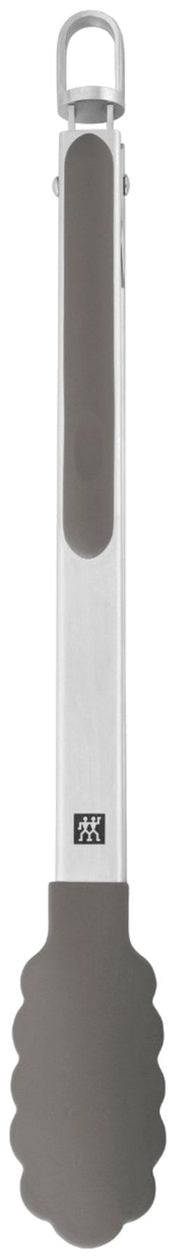 Silberne Küchenzange aus Edelstahl mit Silikonspitzen, Länge 33cm, Breite 3.8cm, Höhe 3.7cm, fotografiert auf hellem Hintergrund.