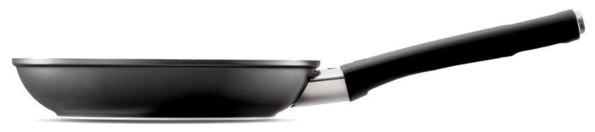 Schwarze Aluminium-Bratpfanne von Zwilling mit 20 cm Durchmesser, Antihaft-Keramikbeschichtung und flachem Induktionsboden.