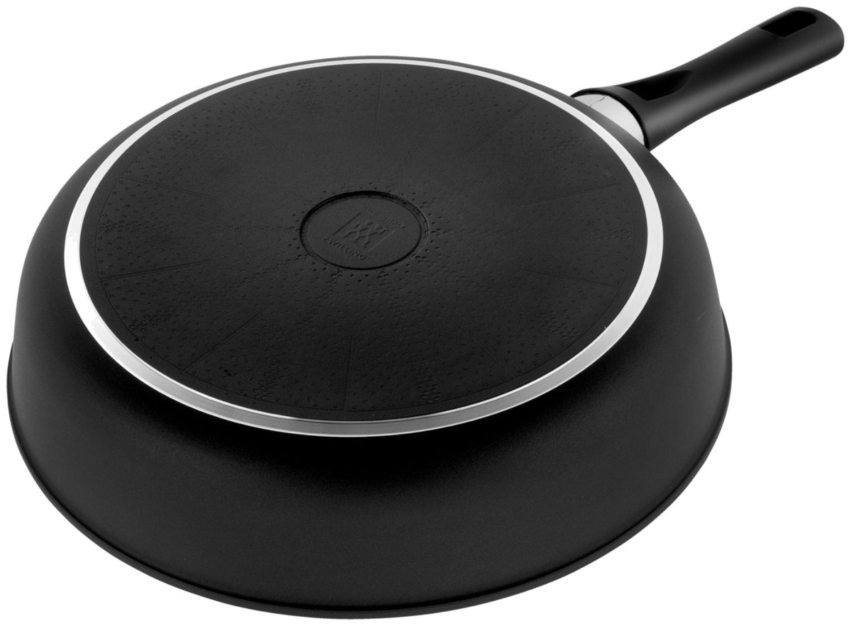 Schwarze Aluminium-Bratpfanne von Zwilling mit Keramikbeschichtung, Griff und Temperaturanzeige, Modell Lumotion Schmorpfanne 28cm, Draufsicht.