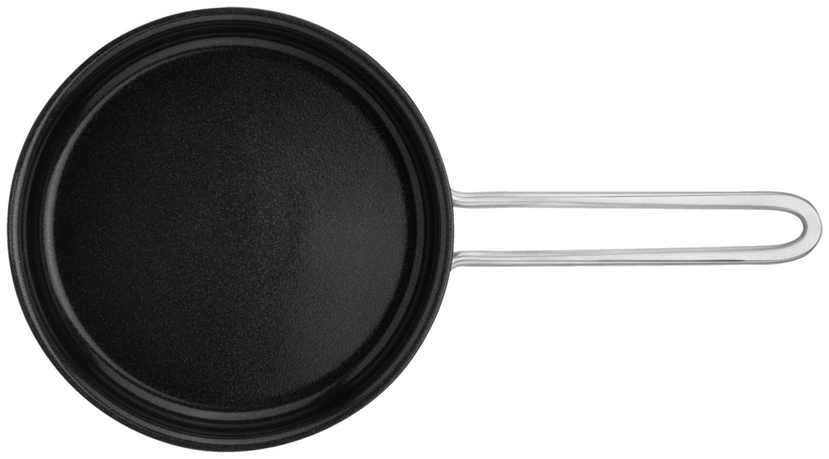 Silberne Bratpfanne mit rundem Boden, langem Stielgriff und keramischer Antihaftbeschichtung, Grösse 16 cm Durchmesser.