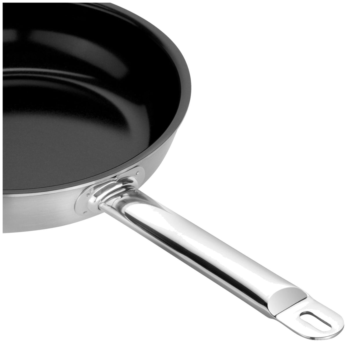 Edelstahl-Bratpfanne von Zwilling mit keramischer Antihaftbeschichtung, rundem Boden und einem Durchmesser von 24 cm, mehrfarbig schimmernde Oberfläche.
