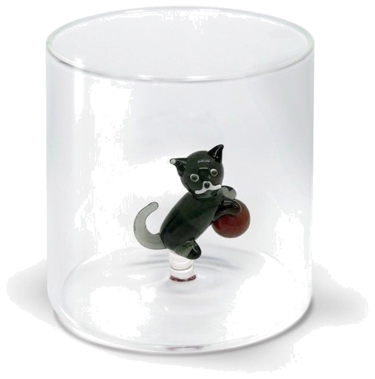 Transparentes Trinkglas aus Borosilikatglas in Katzenform mit Wollknäuel-Motiv, Grösse 8x8x8cm, Hersteller Easy Life.