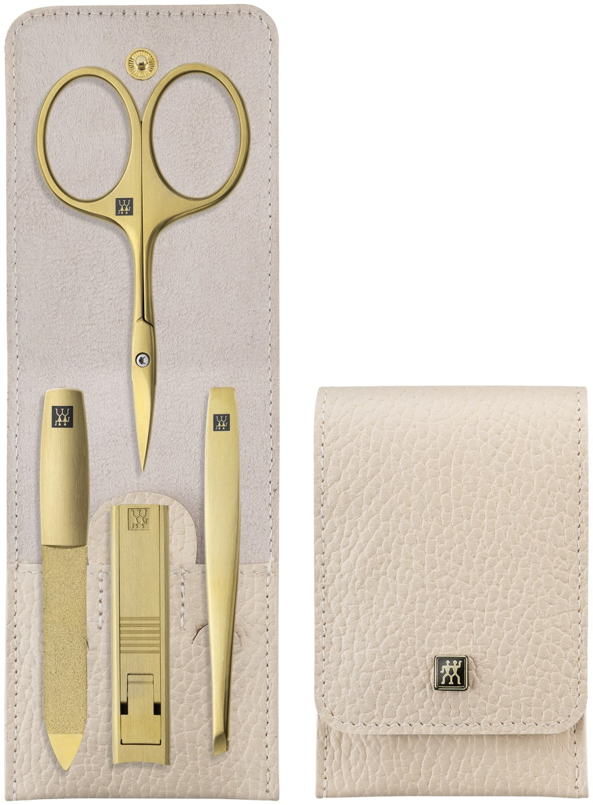 Vierteiliges Nagelpflegeset in beigem Echtleder-Etui mit Druckknopfverschluss von Zwilling Beauty, kompaktes Format für Reise und Alltag.