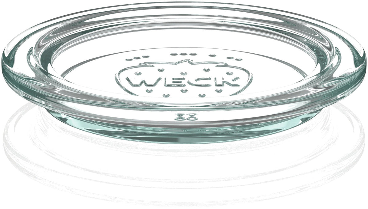 Drei transparente Weck Glasdeckel mit Erdbeermotiv, runde Deckel aus Glas für Einmachgläser