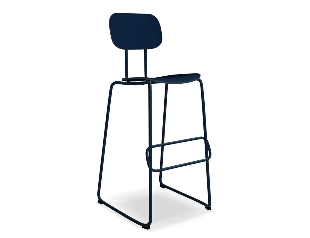 Barhocker New School aus blauem Sperrholz mit pulverbeschichtetem Metallgestell, Freischwinger-Form und integrierter Fussstütze.