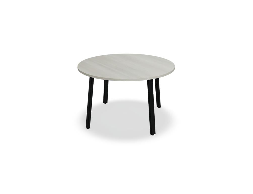 Kaffeetisch Ogi A PLF11 von MDD: Moderner Esstisch mit schlankem Holzgestell, runder, heller Tischplatte, hochwertiges Finish, minimalistische Gestaltung für conviviale Essbereiche.