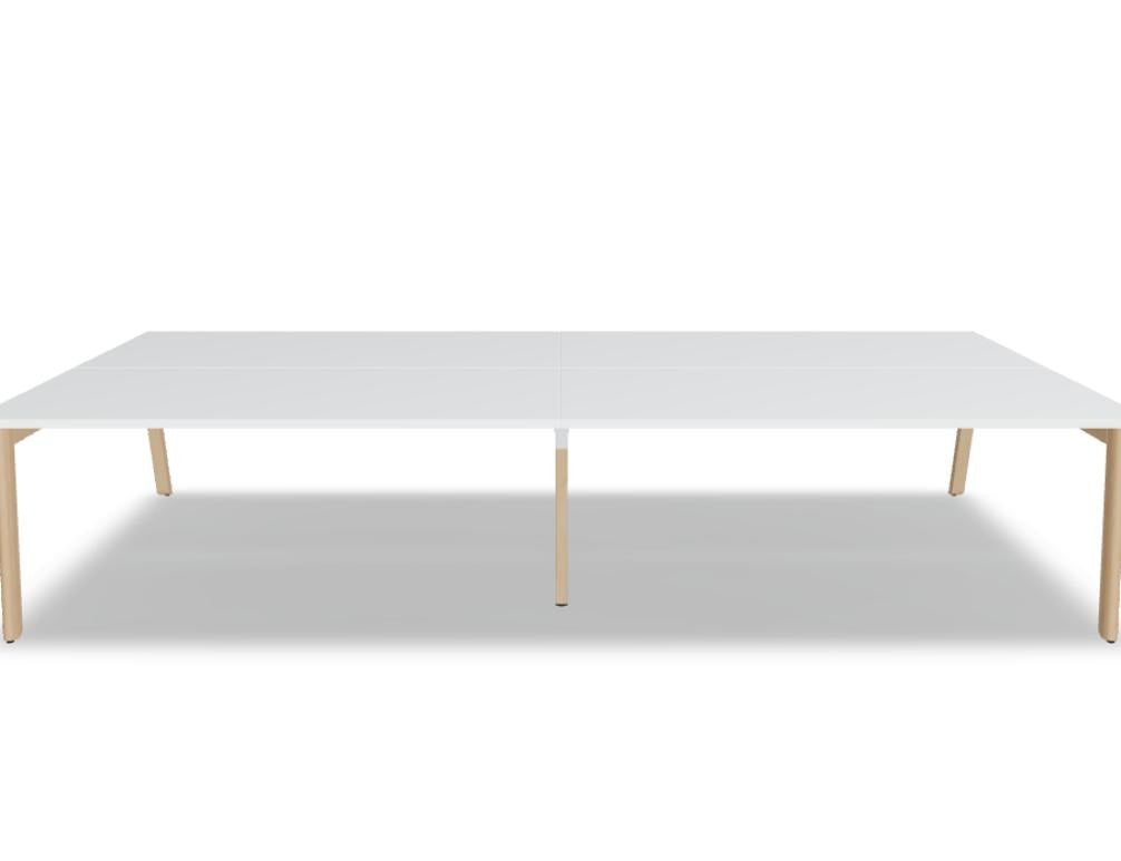 Doppelschreibtisch Ogi B Bench mit weisser Melaminplatte und Gestell aus natürlichem Buchenholz, zwei Arbeitsplätze nebeneinander.