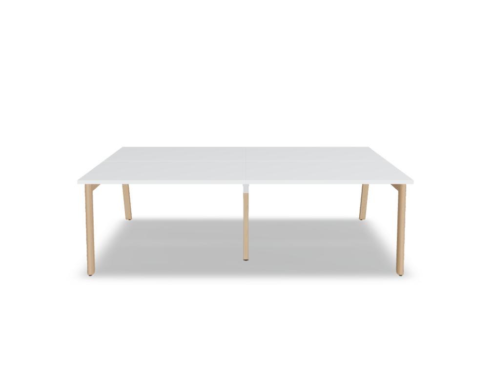 Doppelschreibtisch Ogi B Bench mit weisser Melaminplatte und Gestell aus natürlichem Buchenholz, zwei Arbeitsplätze nebeneinander.