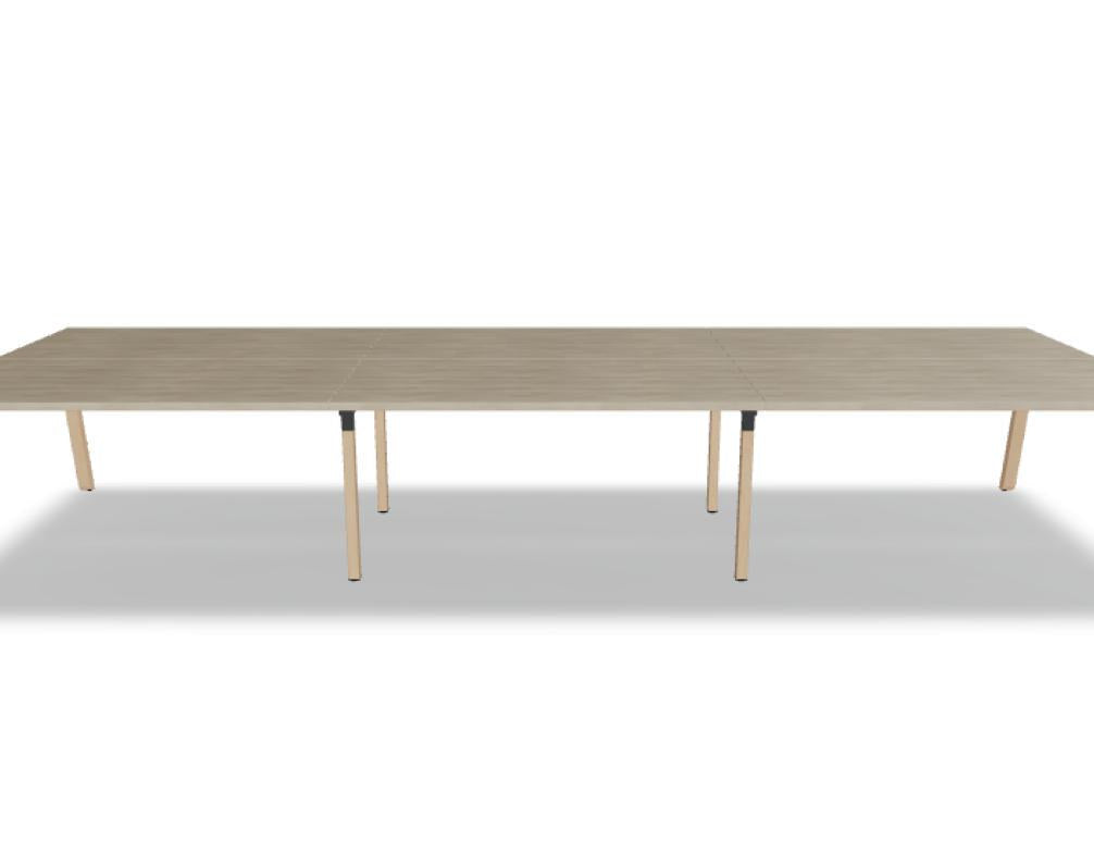 Doppelschreibtisch Ogi B Bench mit weisser Melaminplatte und Gestell aus natürlichem Buchenholz, zwei Arbeitsplätze nebeneinander.