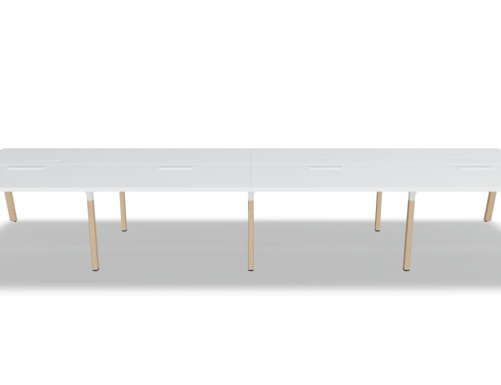 Mdd Ogi B Bench BOB320E4 Doppelschreibtisch mit zwei Arbeitsplätzen, Kabeldurchlass und modernen Holzbeinen in Weiß.