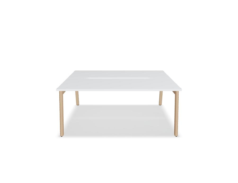 Doppelschreibtisch Ogi B Bench mit weisser Melaminplatte und Gestell aus natürlichem Buchenholz, zwei Arbeitsplätze nebeneinander.