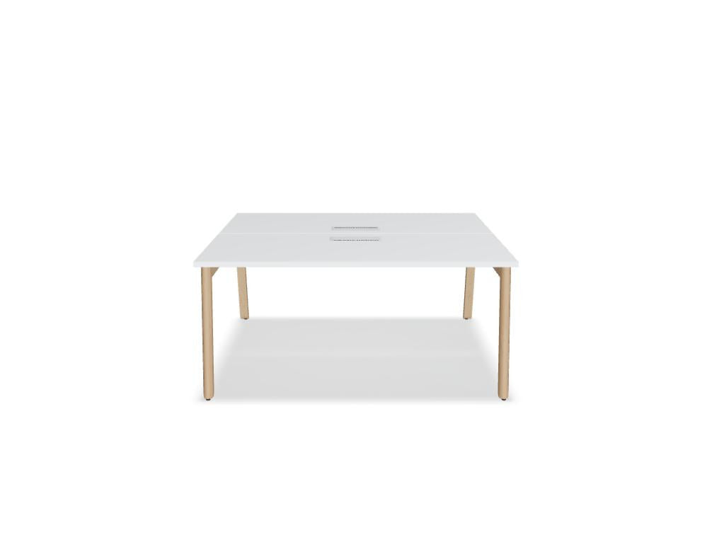 Doppelschreibtisch Ogi B Bench mit weisser Melaminplatte und Gestell aus natürlichem Buchenholz, zwei Arbeitsplätze nebeneinander.
