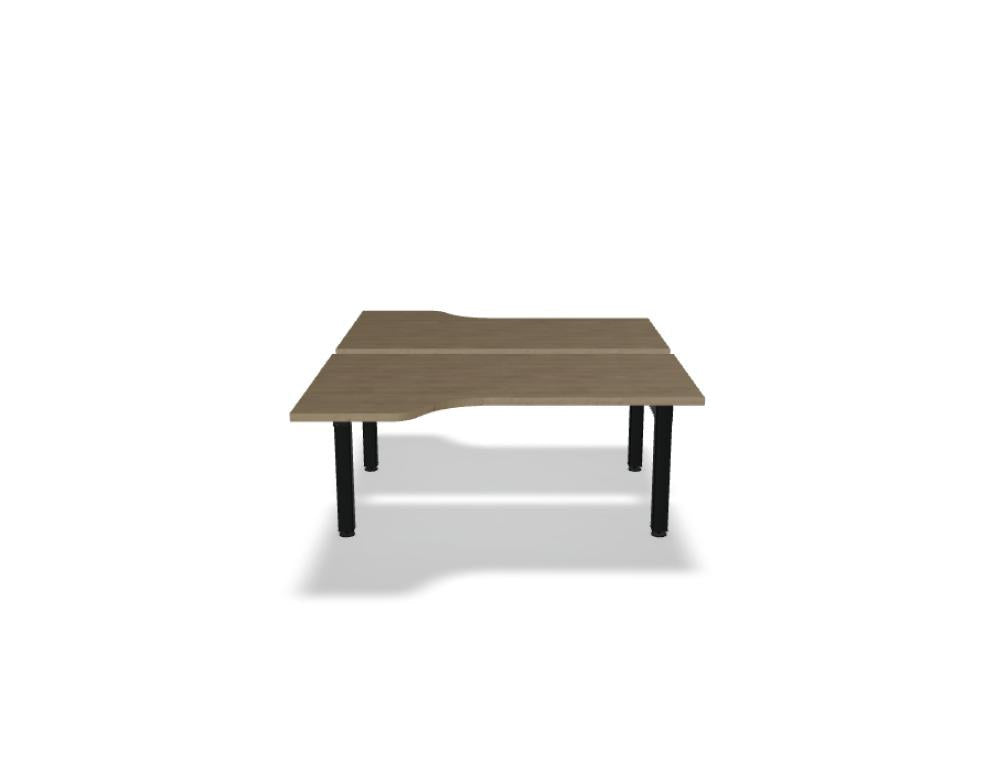 Doppelschreibtisch Ogi Drive Bench in Honigeiche mit schwarzem Metallgestell, zwei Teleskopsäulen und Bedienfeldern für Höhenverstellung.