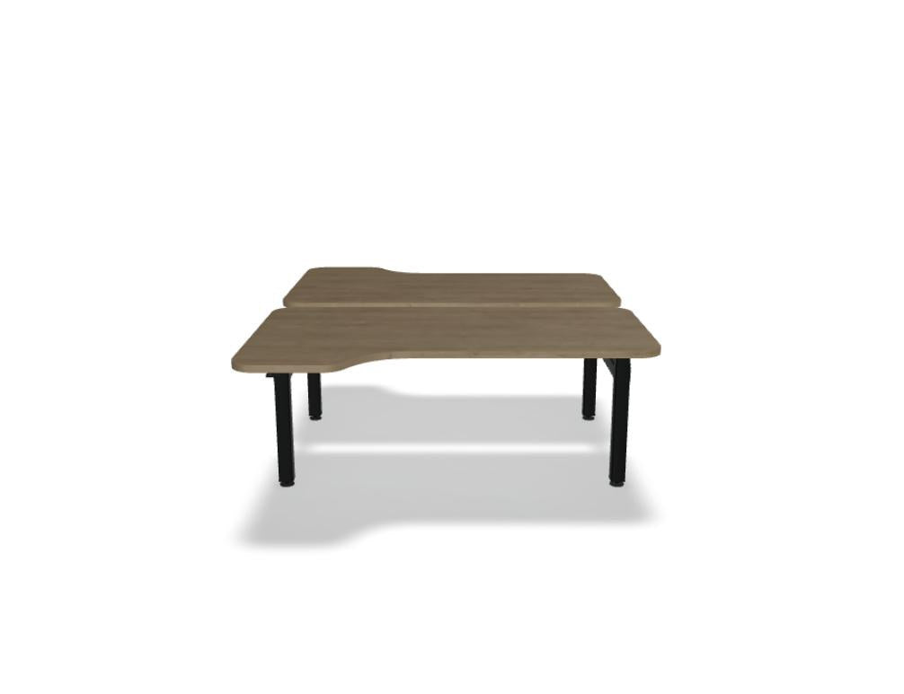 Doppelschreibtisch Ogi Drive Bench in Honigeiche mit schwarzem Metallgestell, zwei Teleskopsäulen und Bedienfeldern für Höhenverstellung.