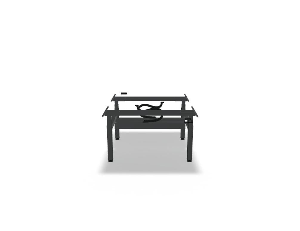 Doppelschreibtisch Ogi Drive Bench von Mdd in Honigeiche mit schwarzem Metallgestell und zweimotorigem Hubmechanismus.