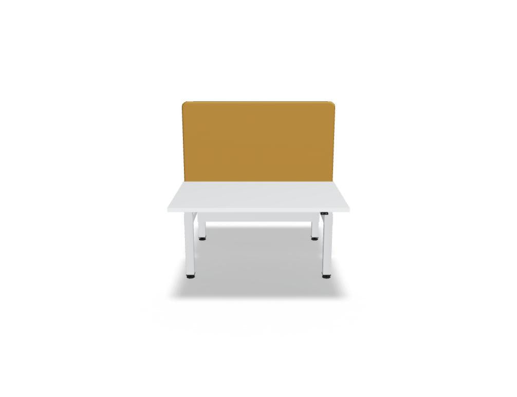 Doppelschreibtisch Ogi Drive Bench von Mdd in Honigeiche mit schwarzem Metallgestell und zweimotorigem Hubmechanismus.