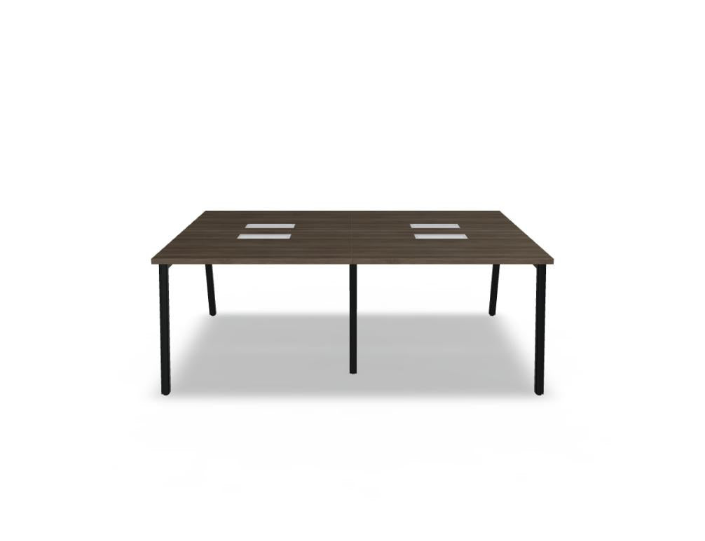 Doppelschreibtisch Ogi M Bench von Mdd mit Melamin-Tischplatte in Honigeiche und schwarzem Metallgestell, für zwei Arbeitsplätze.