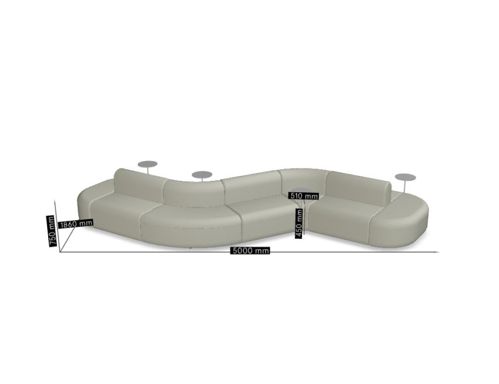 Doppelseitiges Artiko AT42-Sofa in modernem Design, softraumfreundlich mit klaren Linien, graue Stoffpolsterung, Holzbeine und Rückenlehnen-Kissen