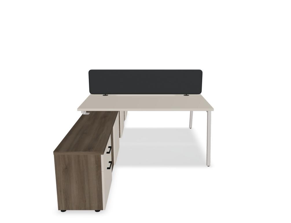 Doppelschreibtisch Ogi M Bench von Mdd mit Melamin-Tischplatte in Honigeiche und schwarzem Metallgestell, für zwei Arbeitsplätze.