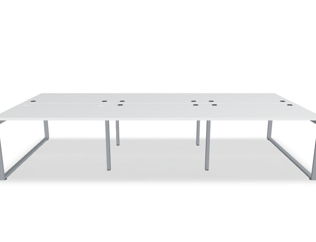 Doppelschreibtisch Ogi Q Bench mit Tischplatte in Honigeiche und schwarzem, pulverbeschichtetem Metallgestell, Ansicht von vorne.