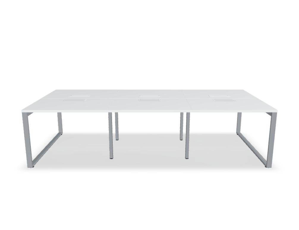 Doppelschreibtisch Ogi Q Bench mit Tischplatte in Honigeiche und schwarzem, pulverbeschichtetem Metallgestell, Ansicht von vorne.