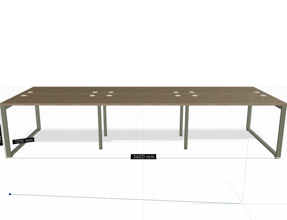 Doppelschreibtisch Ogi Q Bench mit Tischplatte in Honigeiche und schwarzem, pulverbeschichtetem Metallgestell, Ansicht von vorne.