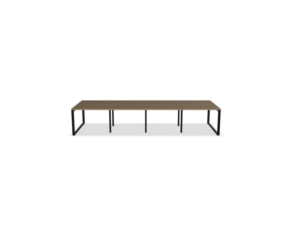 Doppelschreibtisch Ogi Q Bench mit Tischplatte in Honigeiche und schwarzem, pulverbeschichtetem Metallgestell, Ansicht von vorne.