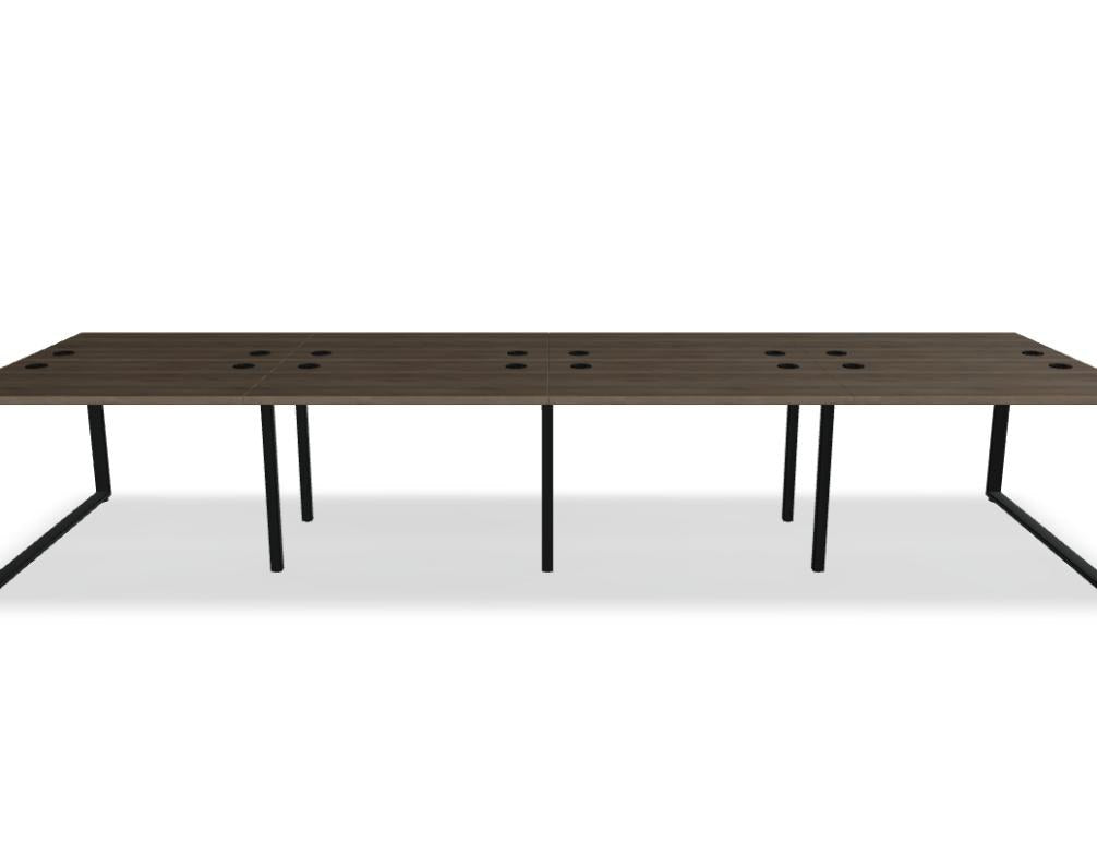Doppelschreibtisch Ogi Q Bench mit Tischplatte in Honigeiche und schwarzem, pulverbeschichtetem Metallgestell, Ansicht von vorne.