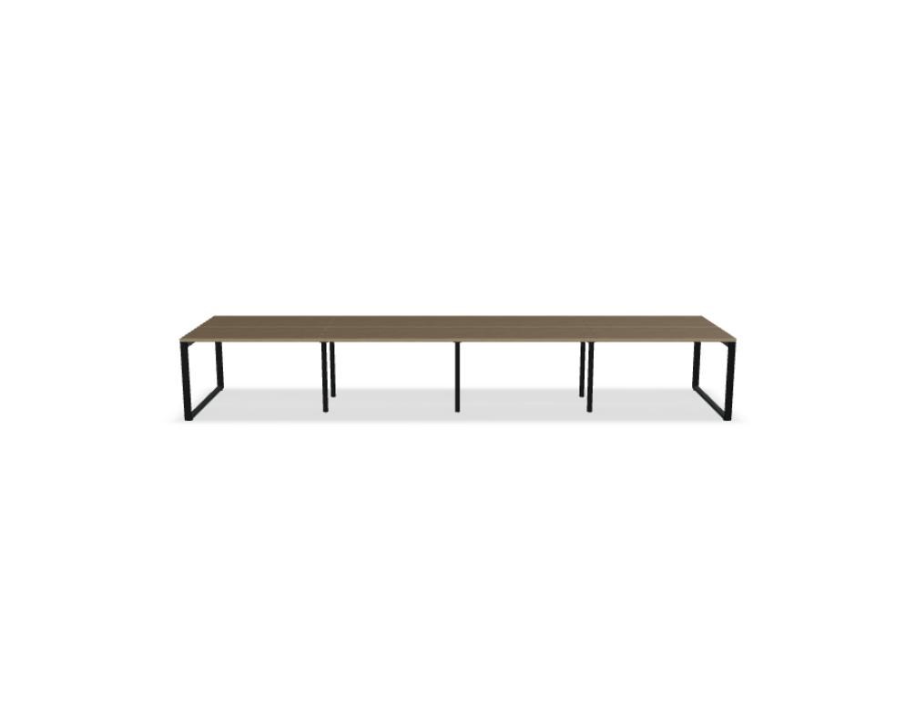 Doppelschreibtisch Ogi Q Bench mit Tischplatte in Honigeiche und schwarzem, pulverbeschichtetem Metallgestell, Ansicht von vorne.