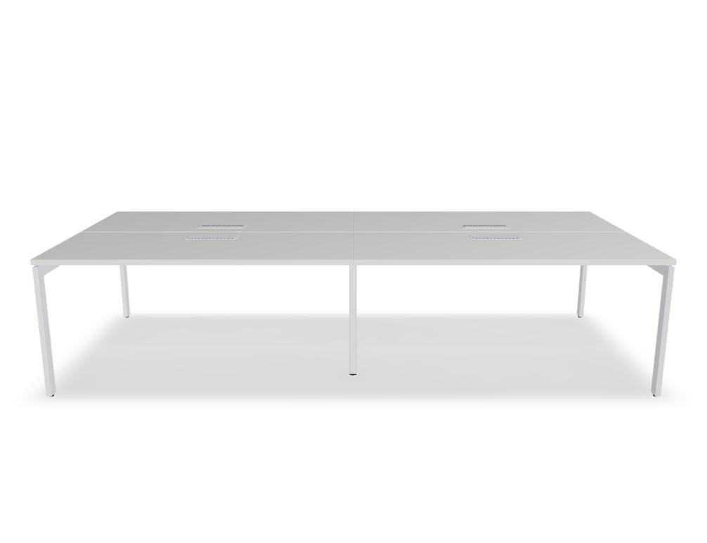 Doppelschreibtisch Ogi U Bench von Mdd mit Melaminplatte in Honigeiche und schwarzem Metallgestell, für zwei Arbeitsplätze.