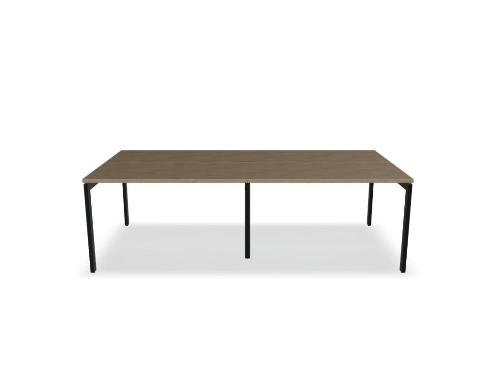 Doppelschreibtisch Ogi U Bench von Mdd mit Melaminplatte in Honigeiche und schwarzem Metallgestell, für zwei Arbeitsplätze.